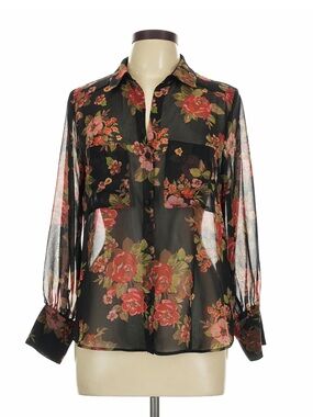 Zara Black Sheer Floral Button-Front Blouse